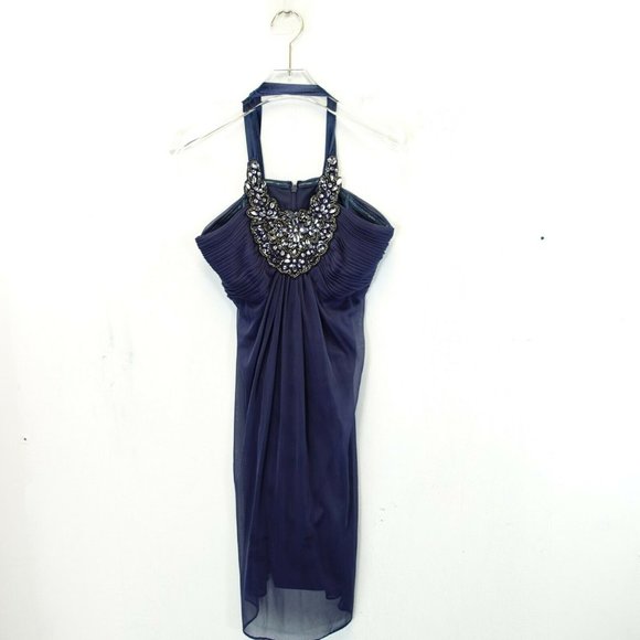 Mini Dress Womens 4 SMALL Navy Rhinestone‎ Halter Ruched Cocktail JS BOUTIQUE - Picture 1 of 9